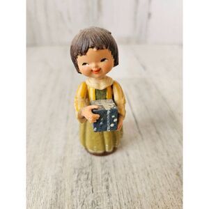 Anri wooden girl present figurine Victorian green dress‎